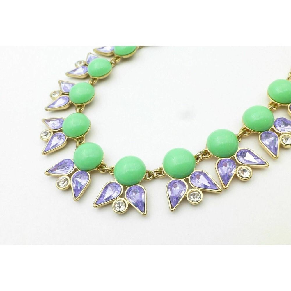 J. CREW  Blue Green Rhinestones Beaded Statement Bib Gold-Tone Necklace - Picture 4 of 6